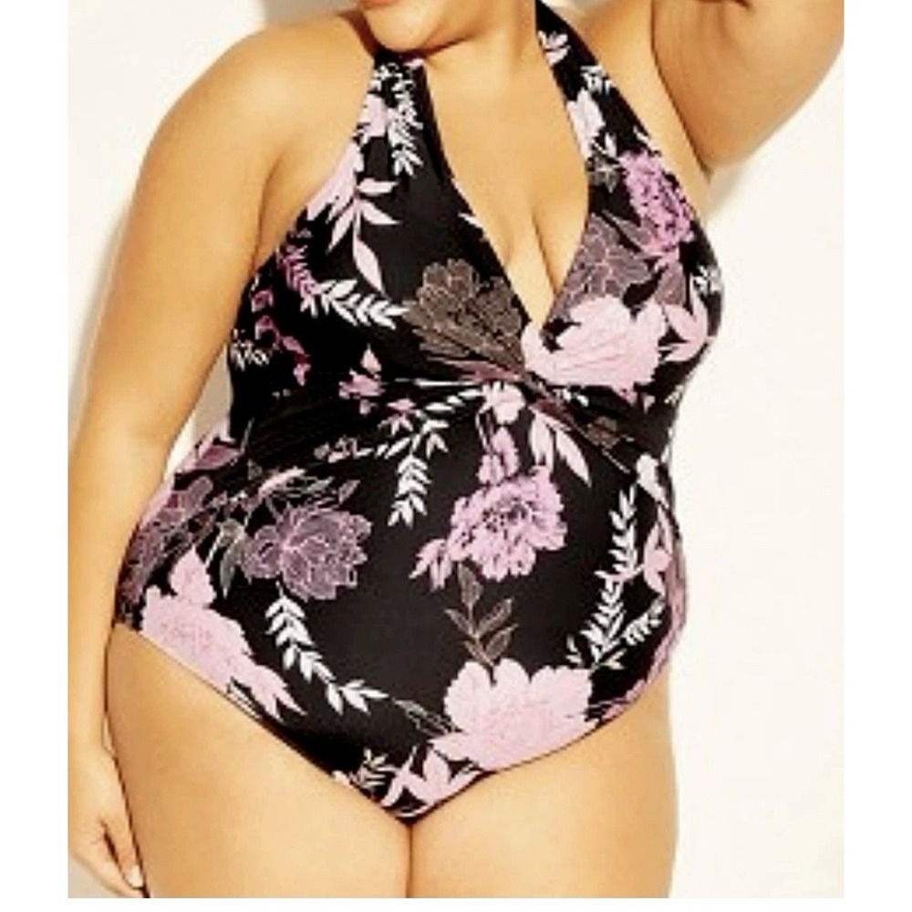NWT 24W TWIST FRONT HALTER TIE BLACK FLORAL ONE PIECE SWIMSUIT KONA SOL - Picture 5 of 7